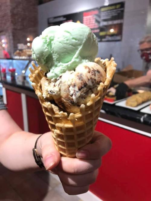 A hand holding a waffle cone filled with two scoops of ice cream: one mint green and one chocolate chip.