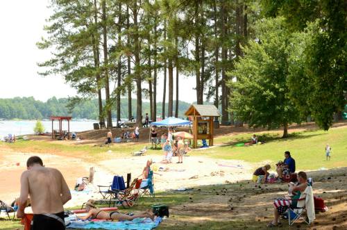 A sunny beach scene with people relaxing on towels, trees in the background, and a playground nearby.