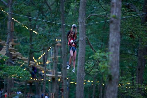 A person zip-lining through a forest, surrounded by trees and illuminated by string lights in the background.
