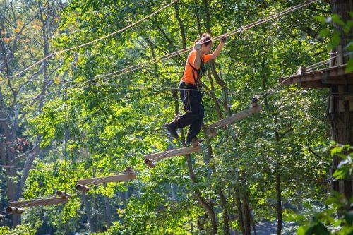 A person in an orange shirt navigates a rope bridge high among green trees in a forested area.