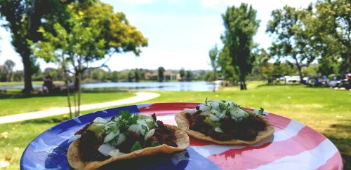 Two tacos on a colorful plate, garnished with onions and cilantro, set against a scenic park and lake backdrop.