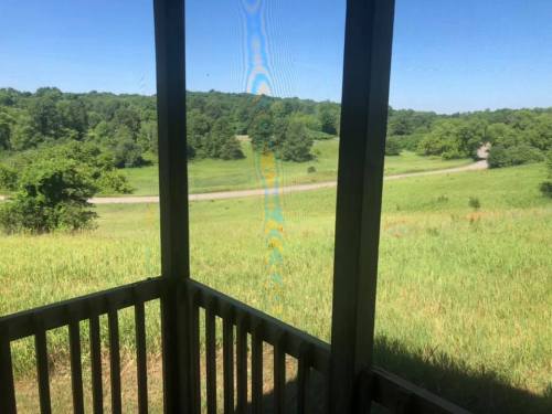View from a screened porch overlooking a green landscape with trees and a winding road in the distance.