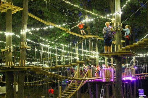 A treetop adventure park with illuminated rope courses and people navigating the obstacles among trees at night.