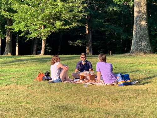 Three people sit on a picnic blanket in a grassy area, enjoying food and drinks surrounded by trees.