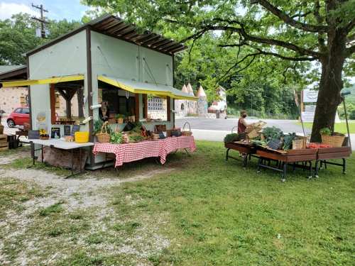 A small outdoor market with fresh produce, tables, and a vendor under a yellow awning, surrounded by greenery.