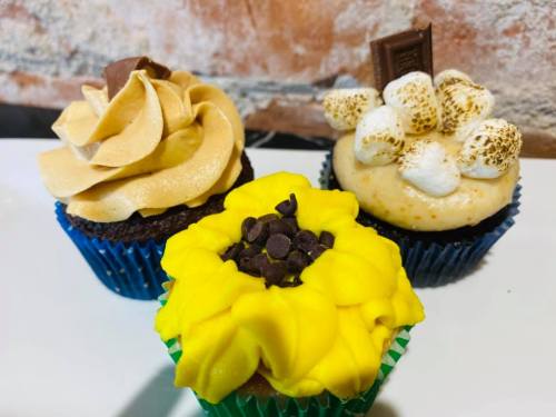 Three colorful cupcakes: one with caramel frosting, one topped with marshmallows, and a sunflower-shaped yellow cupcake.