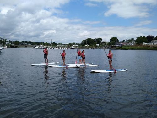 Five people paddleboarding on a calm waterway, wearing life jackets and enjoying a sunny day.