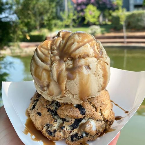 A close-up of a cookie topped with a scoop of caramel ice cream, drizzled with caramel sauce, set against a scenic background.