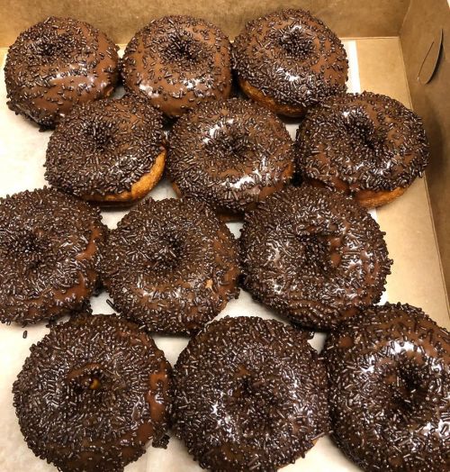 A box of chocolate-covered donuts topped with chocolate sprinkles, arranged neatly in two rows.