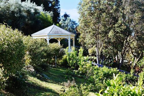A charming gazebo surrounded by lush greenery and trees in a serene garden setting.