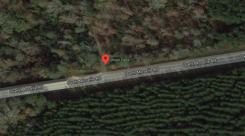 Map view showing Union Falls along Ovett Moselle Road, surrounded by dense forest.