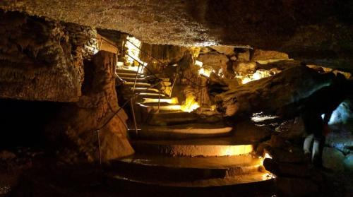 Dimly lit cave interior with stone steps and illuminated rock formations.