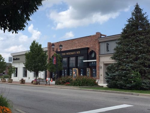 A street view of a charming storefront, "The Whiskey Six," with trees and flowers lining the sidewalk under a blue sky.