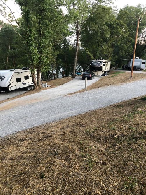 Gravel road leading to RVs parked among trees near a waterway, with a grassy area in the foreground.