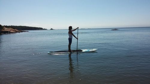 A person stands on a paddleboard in calm water, holding a paddle, with a clear blue sky and distant land in the background.