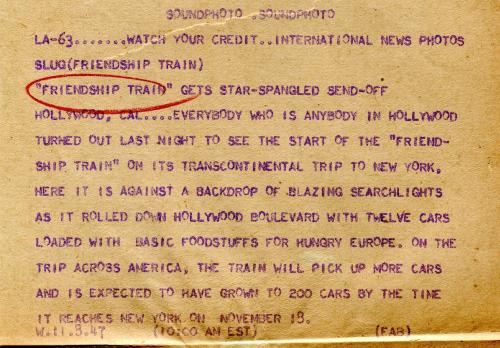 A vintage news photo announcement about the "Friendship Train" and its journey from Hollywood, dated November 13.