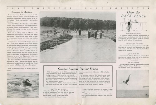 A vintage brochure page featuring summer activities in Madison, paving updates, and a swimming scene.