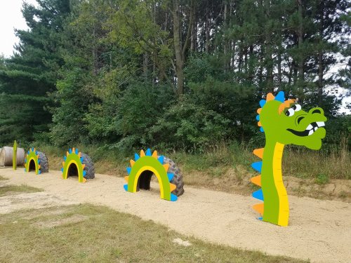 Colorful dragon-themed playground structure with arches and a dragon head, set in a grassy area surrounded by trees.