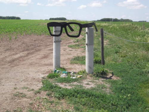 Oversized glasses sculpture on two posts in a rural field, with green grass and a clear blue sky in the background.