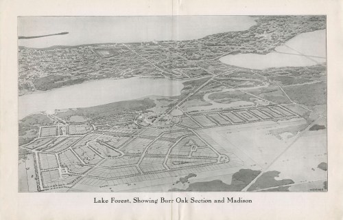 Aerial illustration of Lake Forest, highlighting the Burr Oak section and Madison area, with surrounding landscapes.