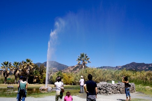 People observing a water fountain in a scenic outdoor setting with palm trees and mountains in the background.