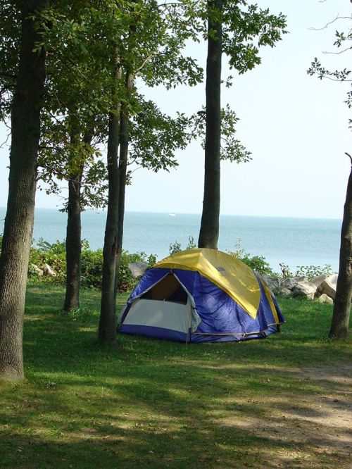 A blue and yellow tent set up among trees by a calm lake, with a clear sky in the background.