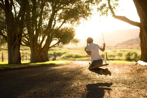 A person swings joyfully in the sunlight, surrounded by trees and a serene landscape.