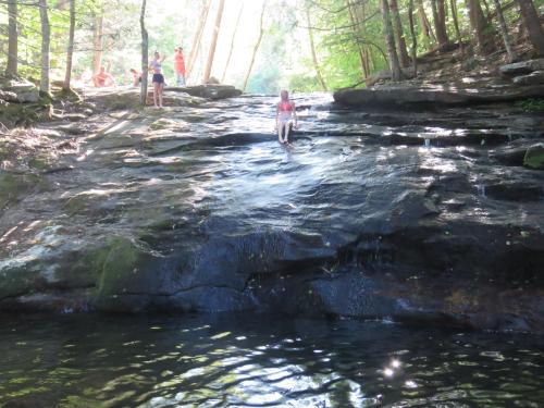 A child slides down a rocky surface into a pool, surrounded by trees and people enjoying the outdoors.