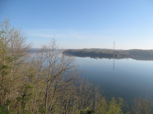 A serene lake reflecting trees and a clear blue sky, with distant hills and a power line in the background.