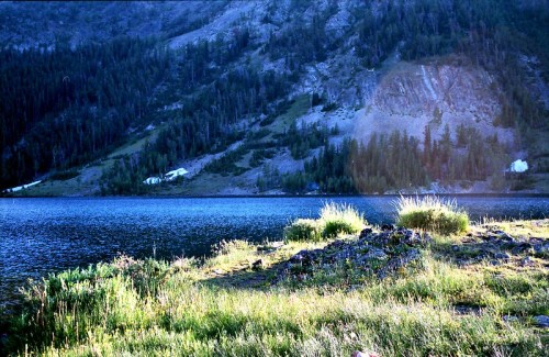 A serene lake surrounded by mountains, with lush green grass and rocky shoreline under a clear blue sky.