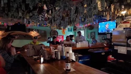 A lively bar scene with patrons, a bartender, and dollar bills hanging from the ceiling, plus a TV showing a sports game.