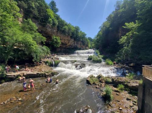 A scenic waterfall surrounded by lush greenery, with people enjoying the water and sun on a bright day.