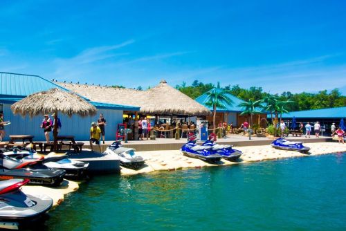 A vibrant waterfront scene with jet skis lined up, a thatched-roof building, and palm trees under a clear blue sky.