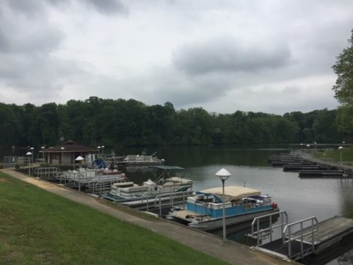 A calm lake scene with boats docked at a marina, surrounded by green trees under a cloudy sky.