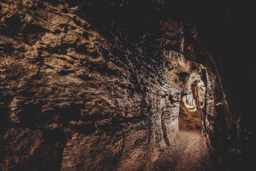 A dimly lit cave interior with rugged rock walls and a winding path leading deeper into the darkness.