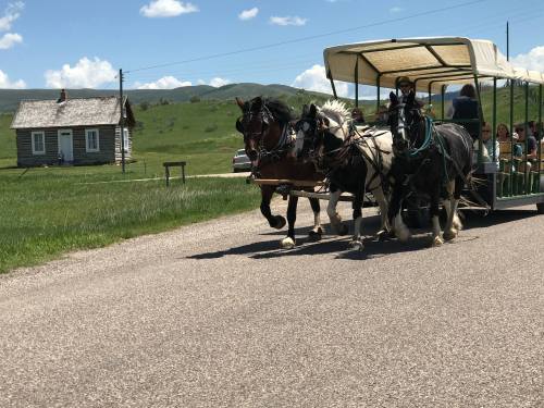 A horse-drawn carriage with passengers travels along a rural road, with a small house and green hills in the background.