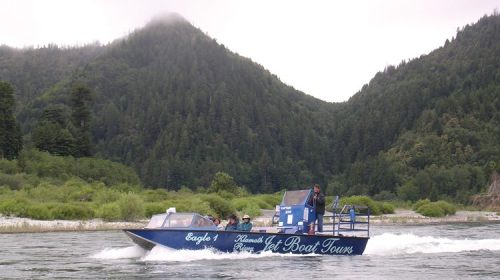 A jet boat with passengers navigates a river surrounded by lush green mountains and trees.