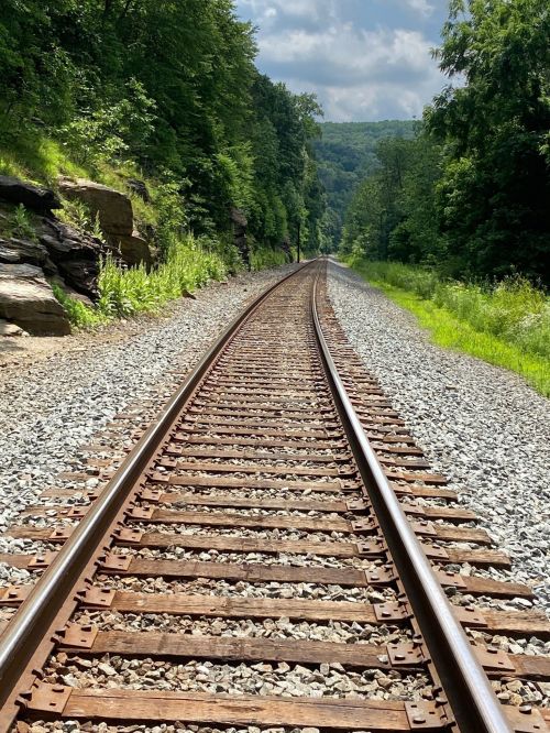 A view of railway tracks stretching into the distance, surrounded by lush greenery and rocky terrain under a blue sky.