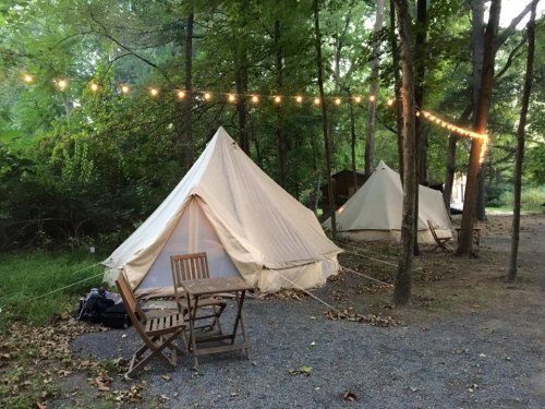 Two white tents in a wooded area, with string lights overhead and a wooden chair in the foreground.