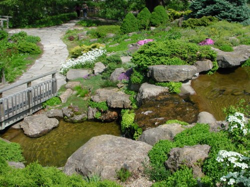 A serene garden scene featuring a stone path, lush greenery, colorful flowers, and a small pond with rocks.