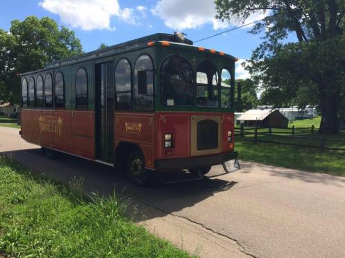 A colorful trolley bus driving down a tree-lined road on a sunny day.