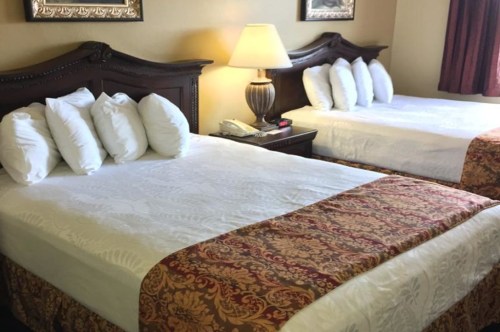 A hotel room featuring two beds with decorative bedspreads and a lamp on a nightstand.