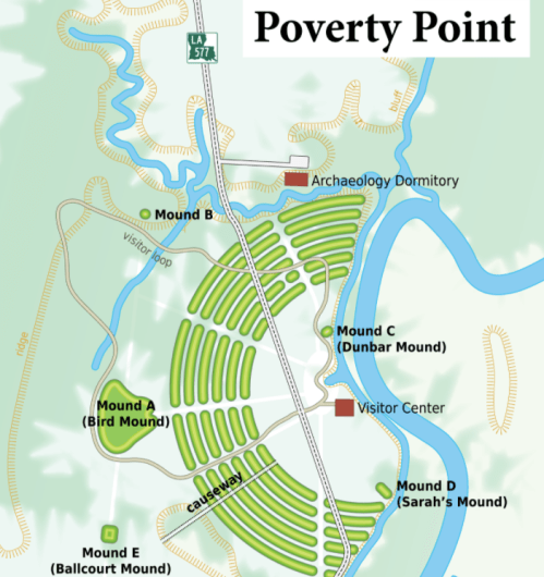 Map of Poverty Point showing mounds, visitor center, and dormitory, with surrounding waterways and roads.