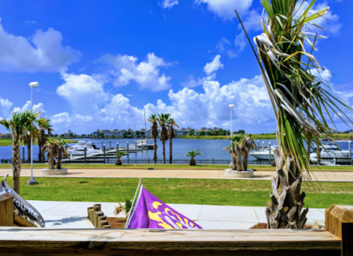 A scenic view of a marina with boats, palm trees, and a bright blue sky with fluffy clouds.