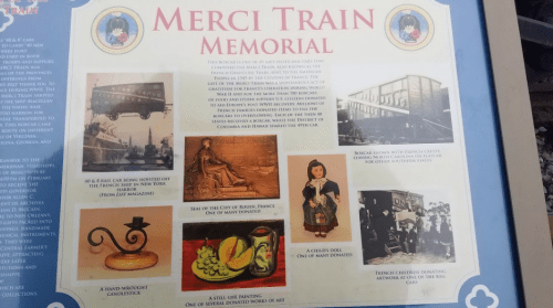 A collage of images and text about the Merci Train Memorial, honoring gifts from France to the U.S. after WWII.