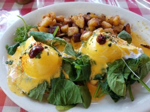 A plate of eggs Benedict on spinach, topped with hollandaise sauce, served with golden-brown diced potatoes.