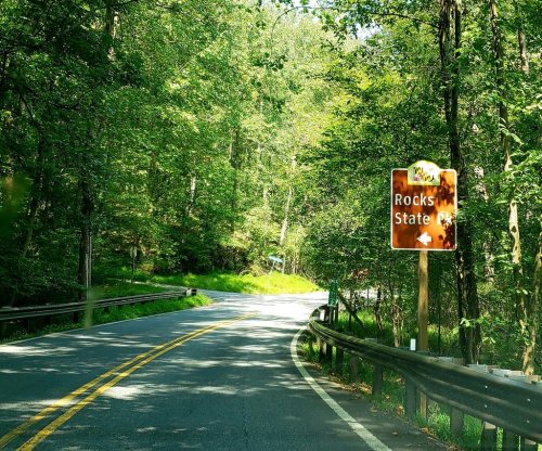 A winding road sign indicating direction to Rocks State Park, surrounded by lush green trees.