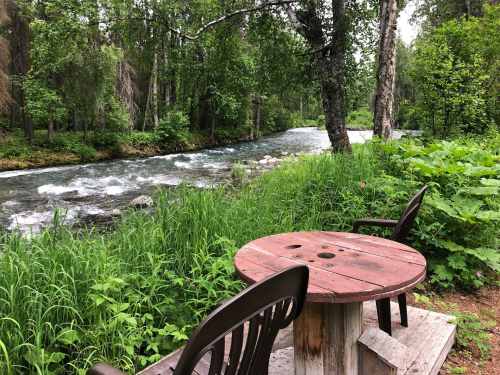 A rustic wooden table and chairs by a flowing river, surrounded by lush greenery and trees.