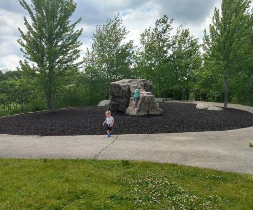 Two children play in a park with a large rock formation, surrounded by trees and a grassy area.