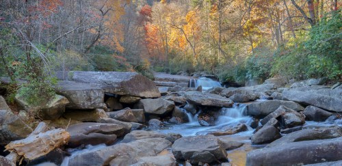 A serene stream flows over rocks, surrounded by vibrant autumn foliage in a peaceful forest setting.